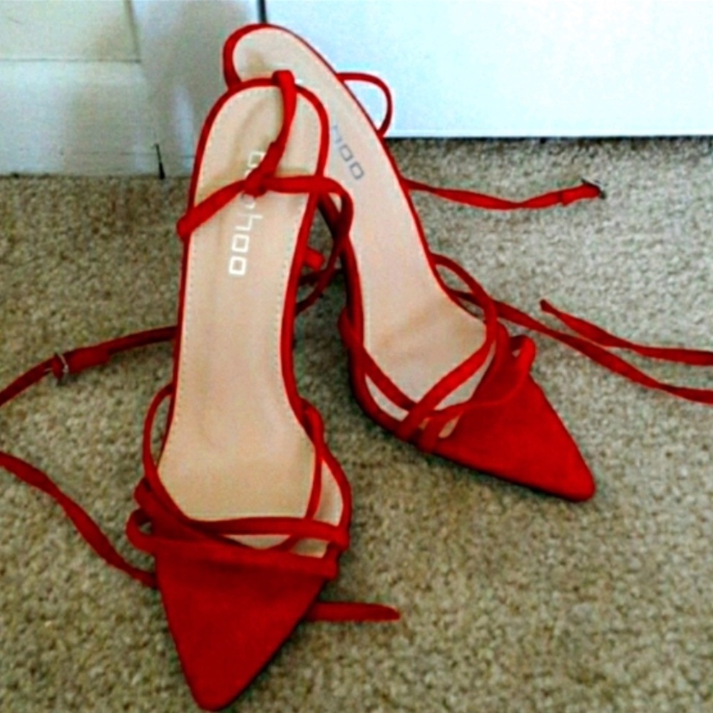 Boohoo Red Strappy Heels, Red Heels, Stilettos